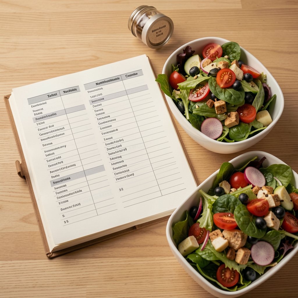 Bilježnica sa nutritivnim tabelama, listovi salate i mala bočica sa neutralnom etiketom