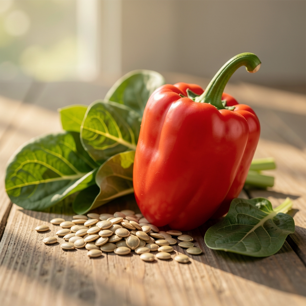 Narandžasta paprika, sjemenke bundeve i listovi blitve u prirodnom jutarnjem svjetlu